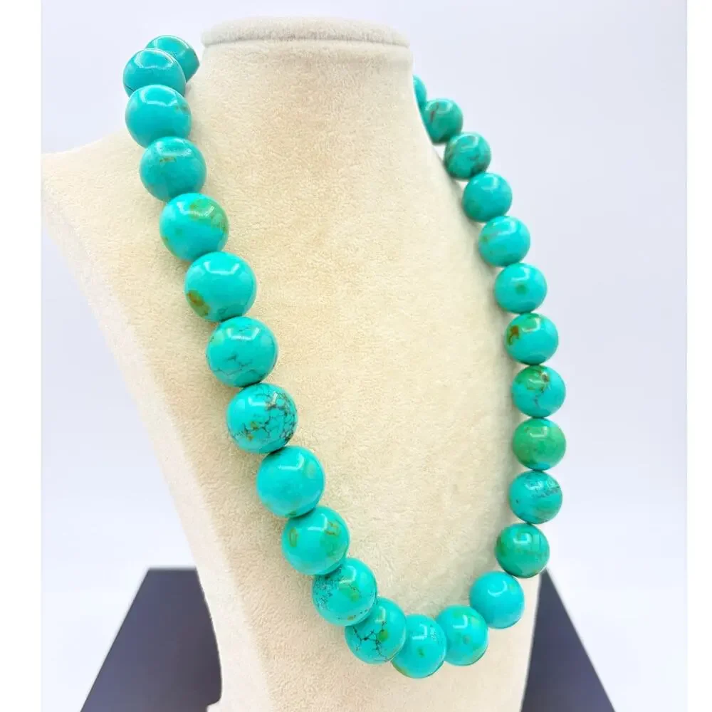 Contemporary Faux Turquoise Stone Necklace • 16mm Round Beads • Magnetic Clasp